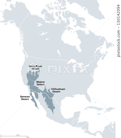 North American Desert, known as Big Four, political map. Major deserts of North America, located in the Western USA and Northern Mexico, formed by Great Basin, Mojave, Sonoran, and Chihuahuan desert. 130142094