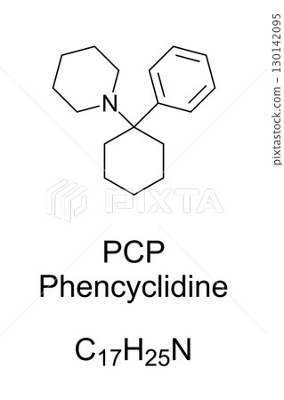 Phencyclidine, PCP, chemical formula and molecular structure. Street drug also known as angel dust among other names. Dissociative anesthetic, mainly used recreationally for its mind-altering effects. Phencyclidine, PCP, chemical formula and molecular structure. Street drug also known as angel dust among other names. Dissociative anesthetic, mainly used recreationally for its mind-altering effects. 130142095