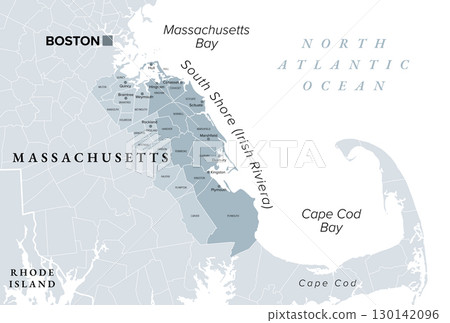 South Shore, also known as the Irish Riviera of Massachusetts, gray political map. Geographic region, stretching from Boston toward Cape Cod, along the shores of Massachusetts Bay and Cape Cod Bay. South Shore, also known as the Irish Riviera of Massachusetts, gray political map. Geographic region, stretching from Boston toward Cape Cod, along the shores of Massachusetts Bay and Cape Cod Bay. 130142096