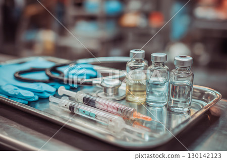 醫院不銹鋼托盤上擺放的醫療器材和藥瓶 醫院不銹鋼托盤上擺放的醫療器材和藥瓶 130142123