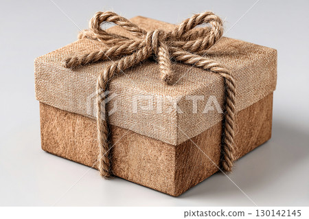 Gift box design. Minimalist brown Kraft Gift Box with twine bow on white background. 130142145