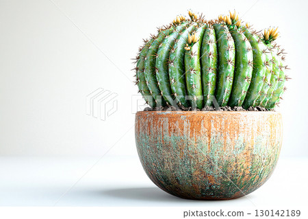 Aesthetic appeal of plants. Potted cactus with spines on a white background. 130142189