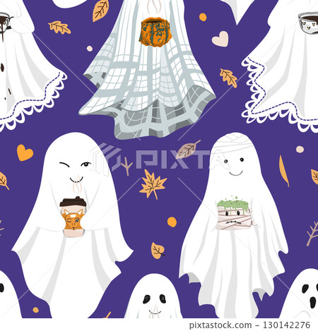 Funny cute sheet ghost holding hot drinks mugs seamless party. . Halloween background vector illustration. Fall season aesthetic design 130142276