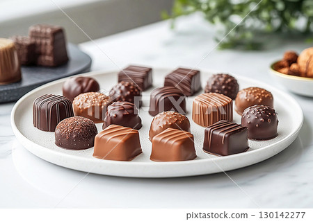 Luxury events and wedding desserts. Fine dining catering services. White plate filled with an assortment of colorful gourmet chocolates. Luxury events and wedding desserts. Fine dining catering services. White plate filled with an assortment of colorful gourmet chocolates. 130142277