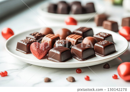 Luxury events. Wedding desserts. White plate filled with an assortment of colorful gourmet chocolates. Luxury events. Wedding desserts. White plate filled with an assortment of colorful gourmet chocolates. 130142278