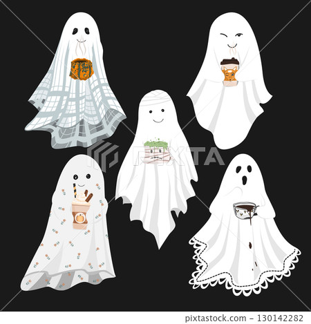Cute Ghost holding drinks in mugs or cardboard cups. Halloween character vector collection 130142282