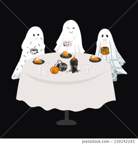 Halloween ghosts meeting vector illustration. Cute sheet ghosts sitting at the table and drinking tea with pumpkin pie. Halloween celebration scene for cards. Halloween ghosts meeting vector illustration. Cute sheet ghosts sitting at the table and drinking tea with pumpkin pie. Halloween celebration scene for cards. 130142283