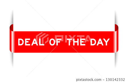 Red color inserted label banner with word deal of the day on white background 130142332