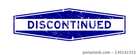 Grunge blue discontinued word hexagon rubber seal stamp on white background 130142333