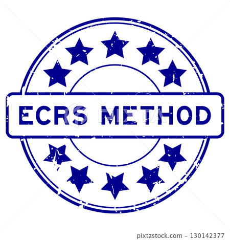 Grunge blue ECRS (Abbreviation of Eliminate, Combine, Rearrange, and Simplify) word with star icon round rubber seal stamp on white background 130142377