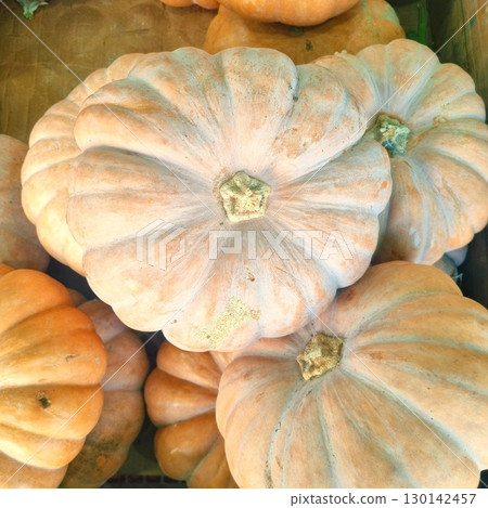 The images show a pile of ripe Korean pumpkins, also known as 'neulgeun hobak,' which are commonly used for soups and porridges. 130142457