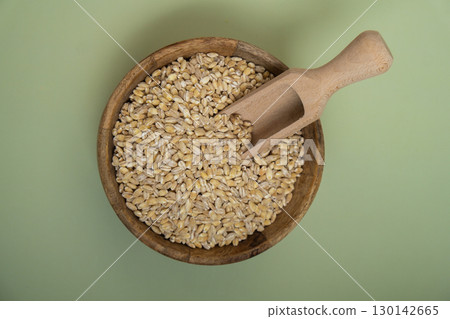 Pearl barley in green background copy space. Whole spelt grain species. High protein fiber-rich vegan plant based food ingredient. Gluten free superfood healthy nutritional dietary alternative 130142665