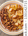 Fried potatoes chanterelle mushrooms seasoned paprika rustic wooden table plate 130142715