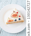 Slice cream cheese berry layer cake figs currant blueberries on plate 130142727