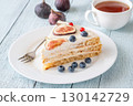 Cake wedge topped berries figs served tea cup rustic cozy setting 130142729