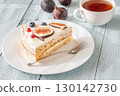 Cake wedge topped berries figs served tea cup rustic cozy setting 130142730