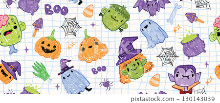 Kids Halloween seamless pattern, spooky funny childish texture vector hand drawn doodle autumn print 130143039