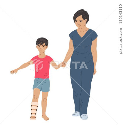 Physiotherapist helping boy walk after leg injury or fracture rehabilitation Physiotherapist helping boy walk after leg injury or fracture rehabilitation 130143110