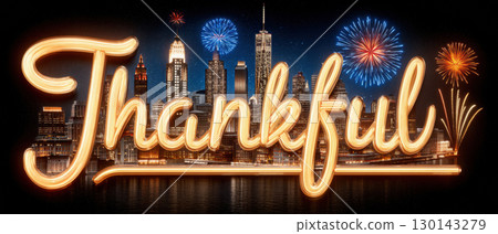 Vibrant city skyline with fireworks illuminates night sky, highlighting word Thankful in glowing script 130143279