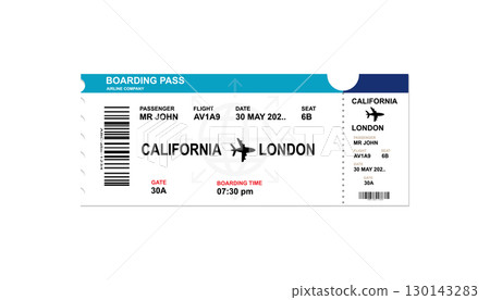 modern digital boarding pass airplane ticket design for a flight with passenger name and destination. 130143283