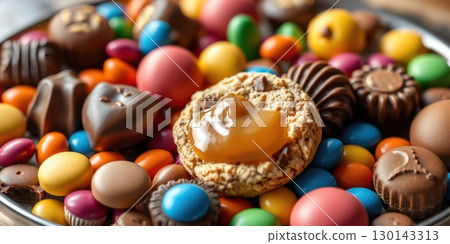Colorful assortment of candies and chocolates displayed on a silver plate at a festive gathering Colorful assortment of candies and chocolates displayed on a silver plate at a festive gathering 130143313
