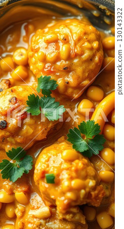 Savory dumplings with corn and herbs served in a rich sauce during a cozy dinner 130143322