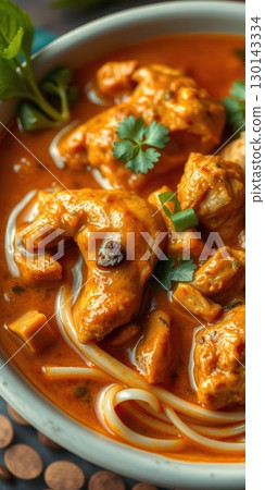 Flavorful chicken curry served with noodles garnished with fresh cilantro and green onions at sunset Flavorful chicken curry served with noodles garnished with fresh cilantro and green onions at sunset 130143334