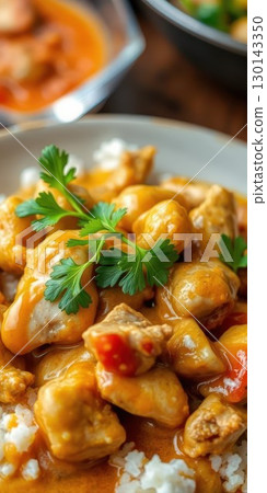Savory chicken dish served on rice garnished with fresh herbs and vibrant vegetables 130143350