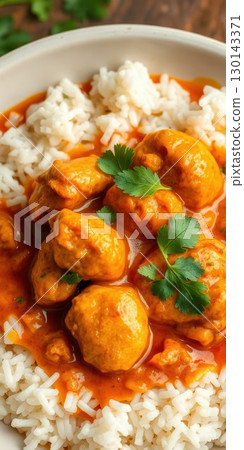 Chicken curry served on a bed of steamed white rice with fresh cilantro garnish 130143371