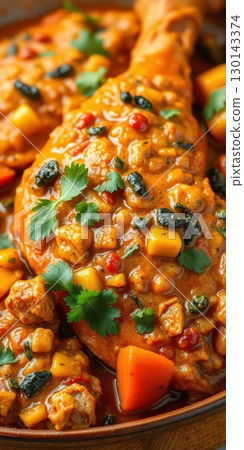 Delicious chicken drumsticks cooked in a flavorful sauce with fruits and vegetables in a warm setting 130143374