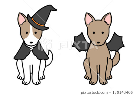 穿著萬聖節服裝的狗、救援犬和混種狗 穿著萬聖節服裝的狗、救援犬和混種狗 130143406