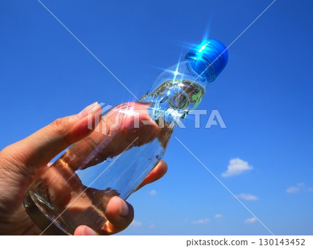 A sparkling bottle of Ramune against the blue sky 130143452