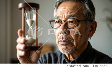 Senior man holding an hourglass (AI-generated image) Senior man holding an hourglass (AI-generated image) 130143580