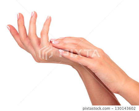 Female hands on a white background, isolated Female hands on a white background, isolated 130143602