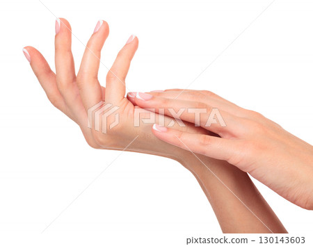 Well-groomed female hands, isolated on white background Well-groomed female hands, isolated on white background 130143603