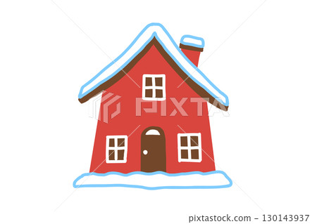 Hand-drawn illustration of a red house covered in snow 130143937