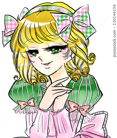 A blonde princess in the style of a Showa-era girl's manga wearing a cute ribbon in a wishing pose 130144159