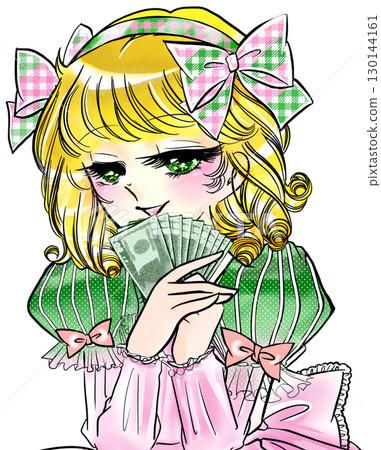 昭和復古風格少女漫畫中的金髮少女，手裡拿著一疊現金，欣喜若狂 130144161