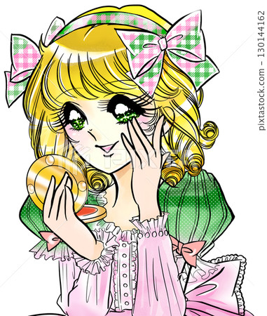 昭和復古風格少女漫畫中的金髮公主正在照鏡子檢查自己的皮膚 130144162