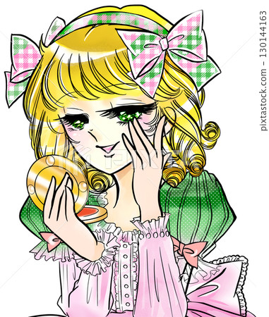 Blonde princess from a Showa retro style girls' manga checking her skin in the mirror Blonde princess from a Showa retro style girls' manga checking her skin in the mirror 130144163