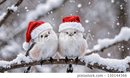 長尾山雀聖誕老人聖誕節圖像的長尾山雀戴著聖誕帽 長尾山雀聖誕老人聖誕節圖像的長尾山雀戴著聖誕帽 130144366