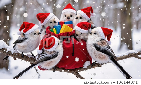 Long-tailed Tit Santa Christmas image of long-tailed tits wearing Santa hats Long-tailed Tit Santa Christmas image of long-tailed tits wearing Santa hats 130144371