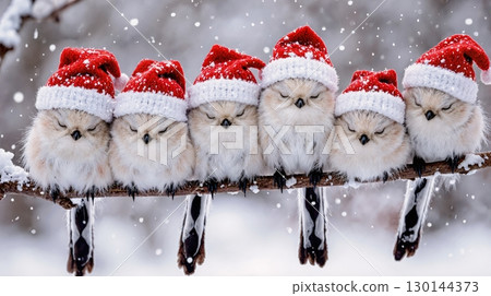 長尾山雀聖誕老人聖誕節圖像的長尾山雀戴著聖誕帽 長尾山雀聖誕老人聖誕節圖像的長尾山雀戴著聖誕帽 130144373