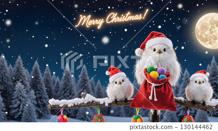 Long-tailed Tit Santa A Christmas image of a long-tailed tit shining against the night sky of the full moon and Santa Claus 130144462