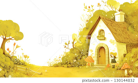Whimsical illustration of a charming cottage surrounded by vibrant yellow flowers and mushrooms, with a girl standing near the door, creating a magical and inviting atmosphere with copy space 130144832