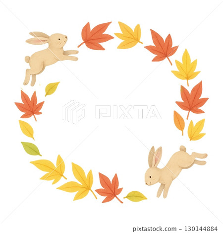 Autumn leaves and a leaping rabbit wreath frame watercolor illustration 130144884