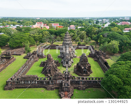 Drone shot the aerial view of Phimai Historical Park. the ancient stone temple Nakhon Ratchasima, Thailand 130144925