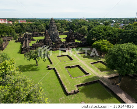 Drone shot the aerial view of Phimai Historical Park. the ancient stone temple Nakhon Ratchasima, Thailand 130144926