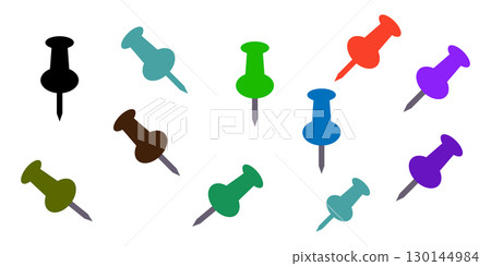 Colorful Push Pins on a White Background. Several push pins illustration for uses office stationary. 130144984