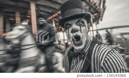 Dramatic Clown Scene Against a Moving Carnival Carousel Dramatic Clown Scene Against a Moving Carnival Carousel 130145068